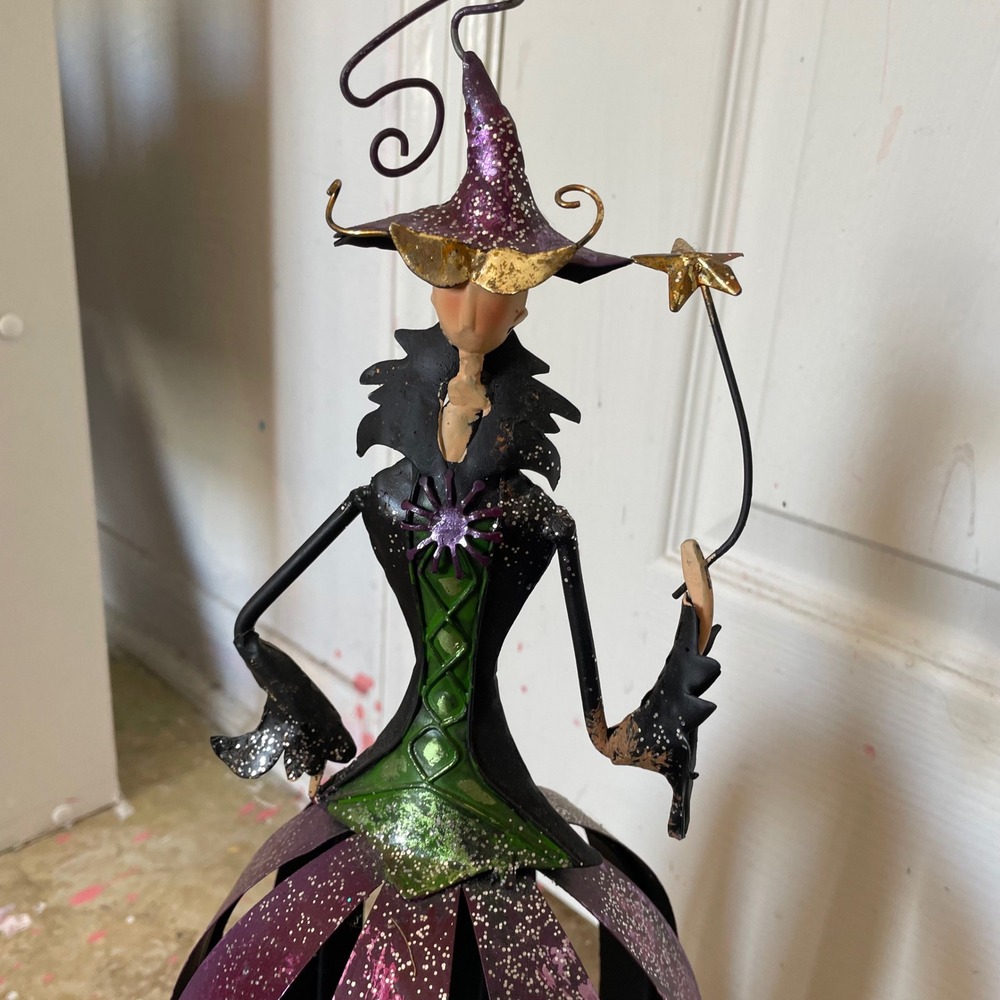 Whimsical Witch Candle‎ Holder Metal Purple Green Halloween Decoration Decor - Picture 2 of 4